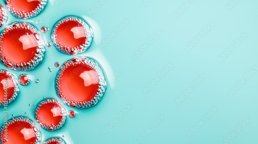 Poster red liquid droplets with bubbles floating on a bright aqua background. abstract macro photography fo