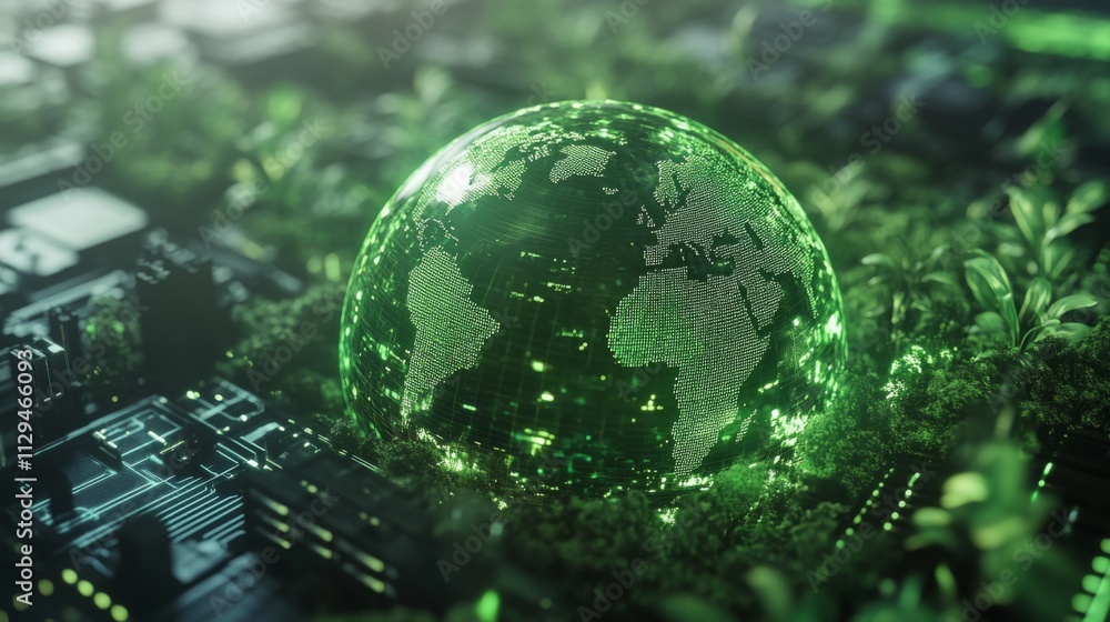 Poster a detailed view of a digital globe surrounded by lush green vegetation, symbolizing the integration 