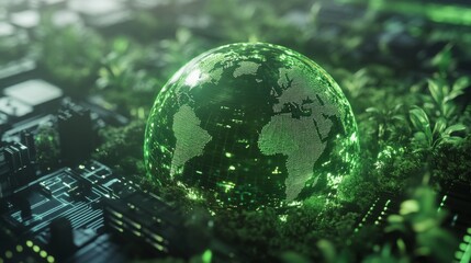 A detailed view of a digital globe surrounded by lush green vegetation, symbolizing the integration of technology and sustainability.