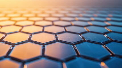 Obraz premium Hexagonal solar panels reflecting warm and cool light. Renewable energy and technology concept.