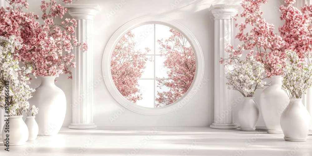 Poster White room with a large window and a round mirror