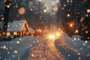 Seasonal background with decorated houses, Christmas lights, cars driving on snowy road and bokeh...