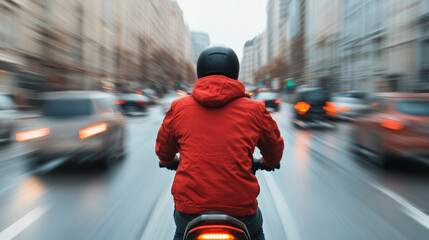 Courier in a red jacket and helmet rides an electric scooter through a bustling city street with blurred traffic