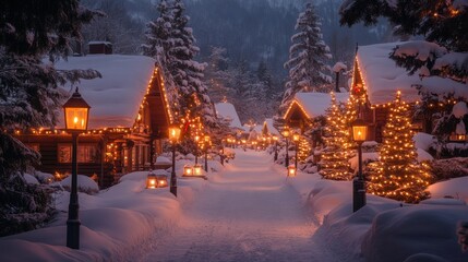 Winter wonderland in country background with decorated houses, Christmas lights, snowy road and christmas trees
