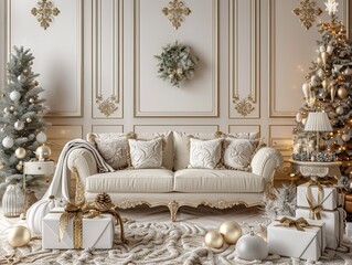 A beautifully decorated living room showcases a luxurious sofa surrounded by sparkling holiday trees and gifts. The warm ambiance invites joy and celebration with seasonal cheer
