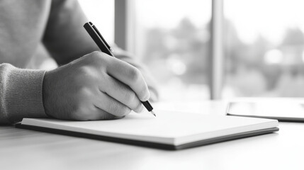 Close-up of hands writing in notebook during an online coaching session, with tablet in background and natural light