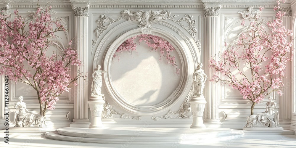 Poster white room with a large round archway and a pink tree in the middle
