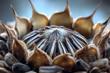Fototapeta premium Close-up of sunflower seeds in a spiral pattern, showcasing nature's intricate design.