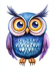 Fototapeta premium Colorful Watercolor Owl Illustration Design - A whimsical watercolor owl, symbolizing wisdom, peace, mystery, night, and childhood. Bright colors and large eyes add to its charm.
