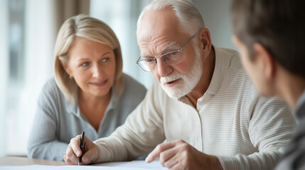 Senior financial advisor pointing at important data on a chart while explaining strategy to a couple during a meeting