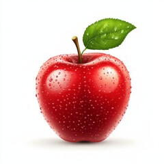 Red apple with water drops and leaf.