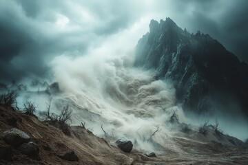 A dramatic mountain slope with cascading soil, boulders, and uprooted trees, set against a stormy gray sky, with dust clouds rising from the ground