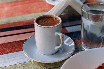 A cup of strong coffee made the Greek way in the mountain village of Lefkara on the island of Cyprus in Greece