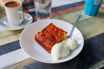 Greek walnut cake with ice cream in the mountain village of Lefkara on the island of Cyprus in Greece