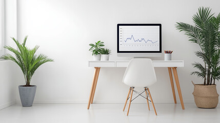 Minimalist home office with computer displaying a rising line graph, indicating favorable financial or business progress