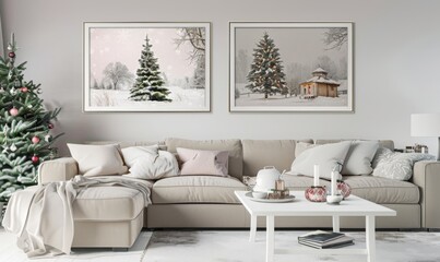 A charming living room features a comfortable sofa adorned with soft pillows, paired with a festive New Year theme. Framed artworks of snowy trees add warmth, enhancing the cozy ambiance