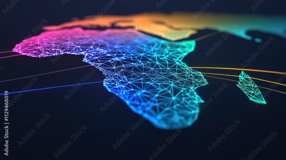 Poster digital representation of africa with glowing connected lines and nodes. colorful gradient polygonal
