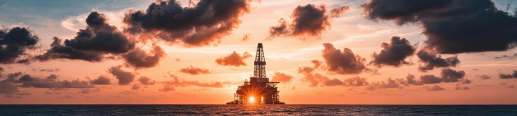 Obraz premium 夕暮れの海に浮かぶ石油掘削プラットフォームの美しい光景