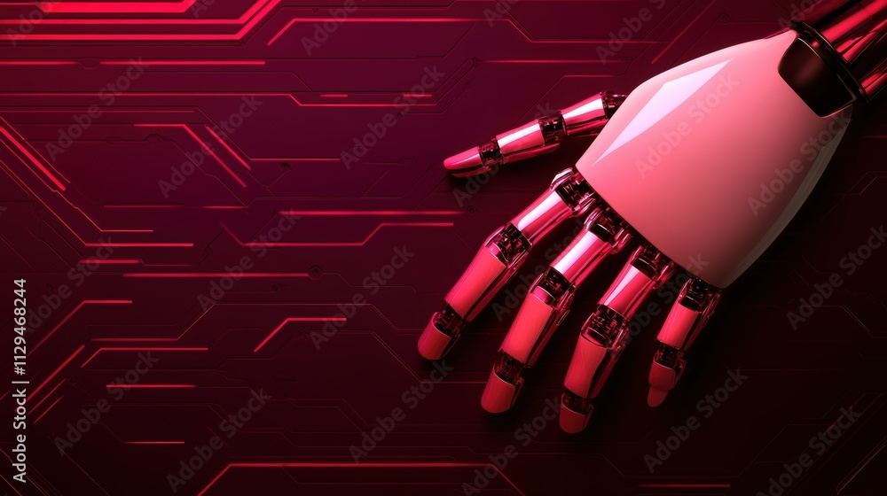 Poster robotic hand on a dark red futuristic circuit board background. concept of artificial intelligence,