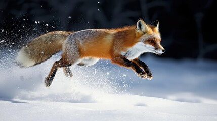 Obraz premium Red fox leaping gracefully through snowy landscape.