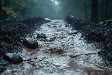 A steep, rain-soaked slope with mud flowing rapidly downhill, carrying rocks, vegetation, and debris, under a heavy downpour