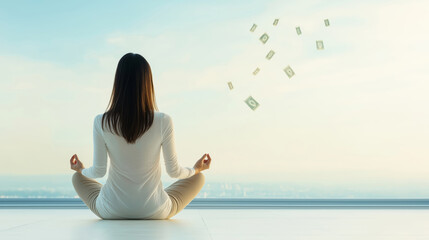 Professional woman practicing mindfulness and attracting financial abundance through meditation and visualization