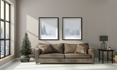 A stylish living room features two elegantly framed pictures capturing winter landscapes, complemented by a chic tree, creating a festive ambiance perfect for celebrating the New Year