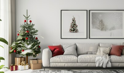 In a warm living room adorned for the New Year, two framed artworks hang on the wall, showcasing winter landscapes. A charming Christmas tree stands nearby, surrounded by gifts