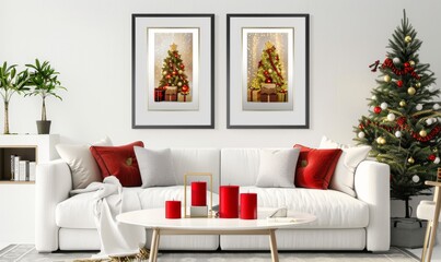 In a beautifully decorated living room, a set of two picture frames complements a stylish couch, showcasing holiday cheer. The ambiance is warm with seasonal decor and a Christmas tree nearby