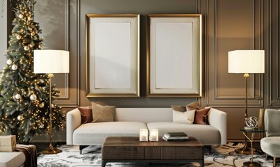 A stylish living room embraces the New Year's spirit with a beautifully adorned Christmas tree, elegant picture frames awaiting artwork, and warm lighting creating a cozy ambiance