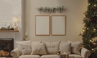 A warm and inviting living room is beautifully decorated to celebrate the New Year. Two empty picture frames await cherished memories, surrounded by a festive atmosphere of lights and greenery