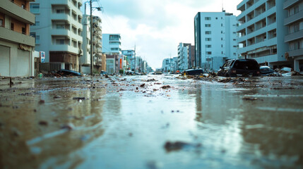 Fototapeta premium Aftermath of a tsunami: a city street submerged in floodwater, with overturned vehicles and debris strewn about
