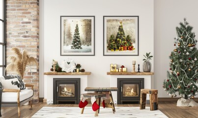A charming living room beautifully decorated for New Year celebrations. Two festive picture frames adorn the wall, while a tall Christmas tree sparkles with lights