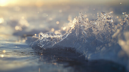 Close-up of sea wave. Sunlight, sunset.