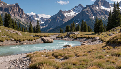 Obraz premium Serene landscape with mountains, river, and grass, blue sky, natural beauty 
