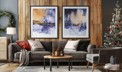 This inviting living room is adorned for the New Year's holiday, showcasing two elegant picture frames set against a rustic wooden wall. A beautifully decorated Christmas tree adds charm