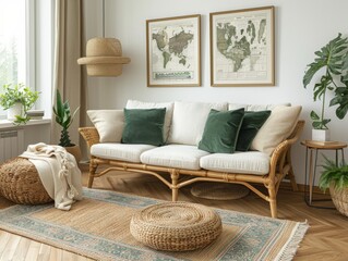 In a contemporary living room, two elegant frames display intricate euro banknotes, enhancing the serene atmosphere. Natural elements, like plants and woven textures, create a warm retreat