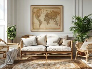 In a cozy living room, two decorative frames showcase euro banknotes, adding a touch of elegance to the space. Soft sunlight enhances the inviting atmosphere of this beautifully arranged interior