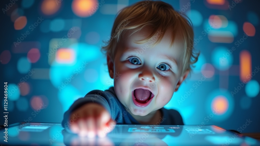 Poster a delighted toddler interacting with a touchscreen device in a colorful, illuminated environment at 