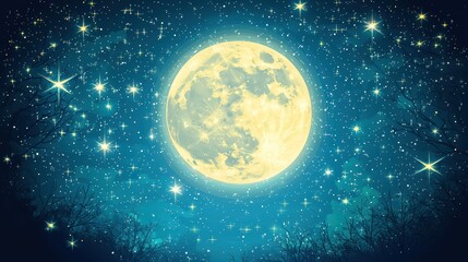 Fototapeta premium A glowing full moon shines brightly amidst a starry night sky, creating a serene and enchanting celestial scene.