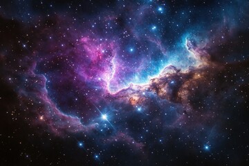 A cosmic scene with vivid purples, blues, and magentas, dotted with shimmering stars and glowing nebulas, evoking a sense of wonder