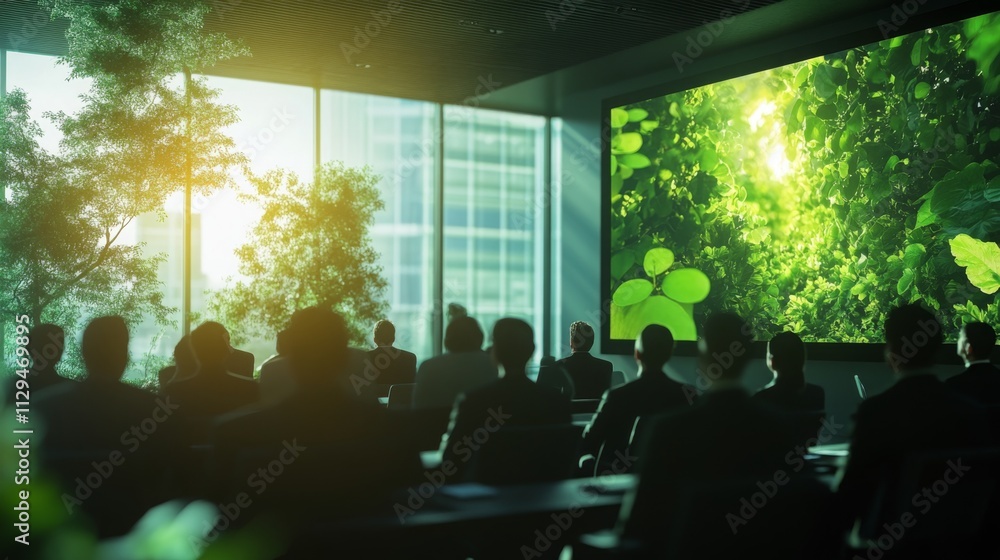 Poster Professionals gather in a modern conference room with large windows, focusing on a presentation about AI applications in sustainable finance. The green visuals on screen reflect environmental themes.