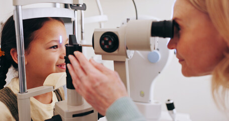 Doctor, child and examination with slit lamp for retina assessment, eye care corneal injury....