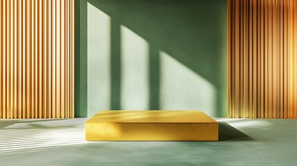 A modern, geometric platform with a golden square podium featuring stripes on the sides, set against a minimalist green and gold background for product display