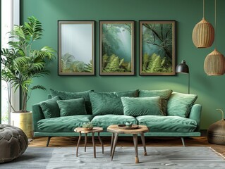 In this stylish living room, a plush green sofa complements three elegant picture frames hanging on the wall, showcasing beautiful botanical artwork