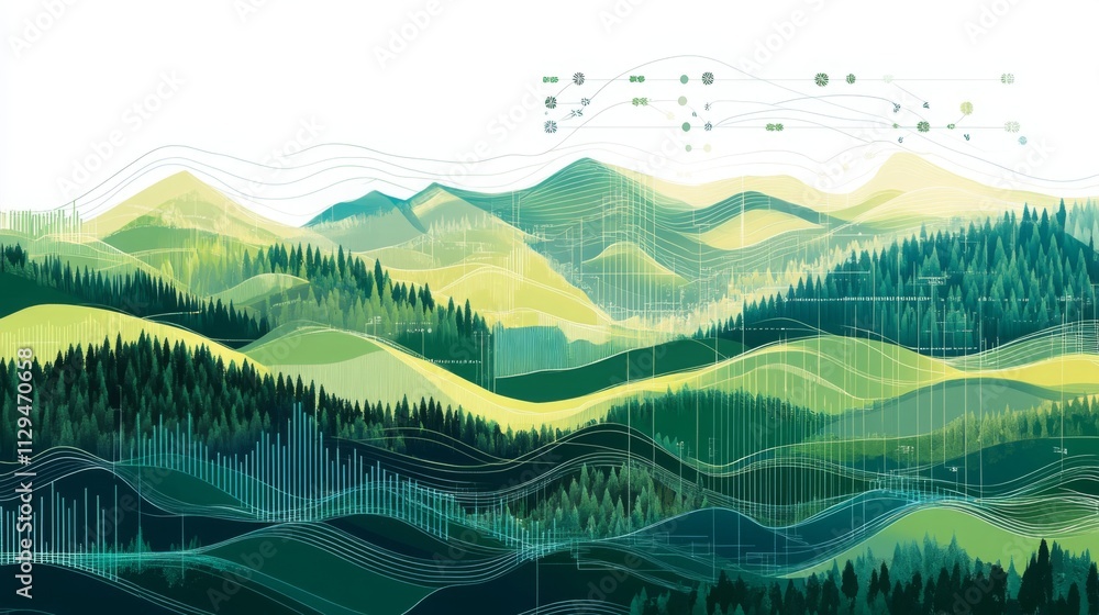 Poster A serene landscape of rolling green hills is overlaid with data visualizations representing artificial intelligence and sustainable finance.
