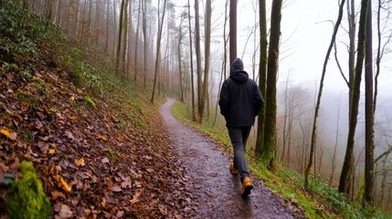 Fototapeta premium Foggy Forest Path Walker - A solitary figure walks a path through a mystical fog-laden forest, symbolizing introspection, journey, mystery, solitude, and nature's peace.