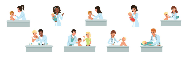 Obraz premium Man and Woman Pediatrician with Little Kids on Medical Examination Vector Set