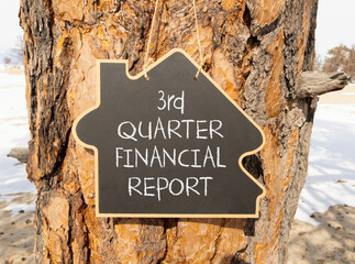 3rd quarter financial report symbol. Concept words 3rd quarter financial report on beautiful black blackboard. Beautiful old wood background. Business 3rd quarter financial report concept. Copy space.