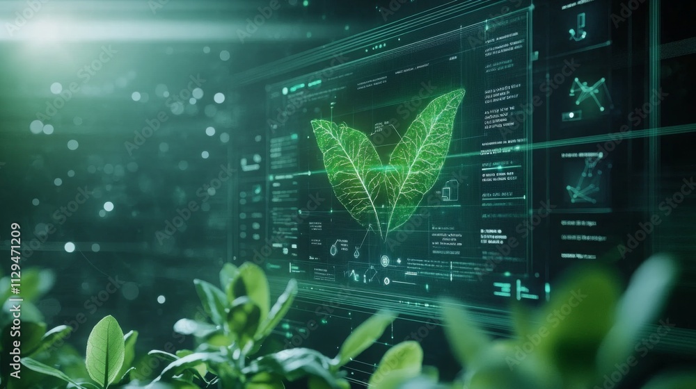 Poster digital projections of leaves and data showcase the blend of ai and sustainable finance, highlightin